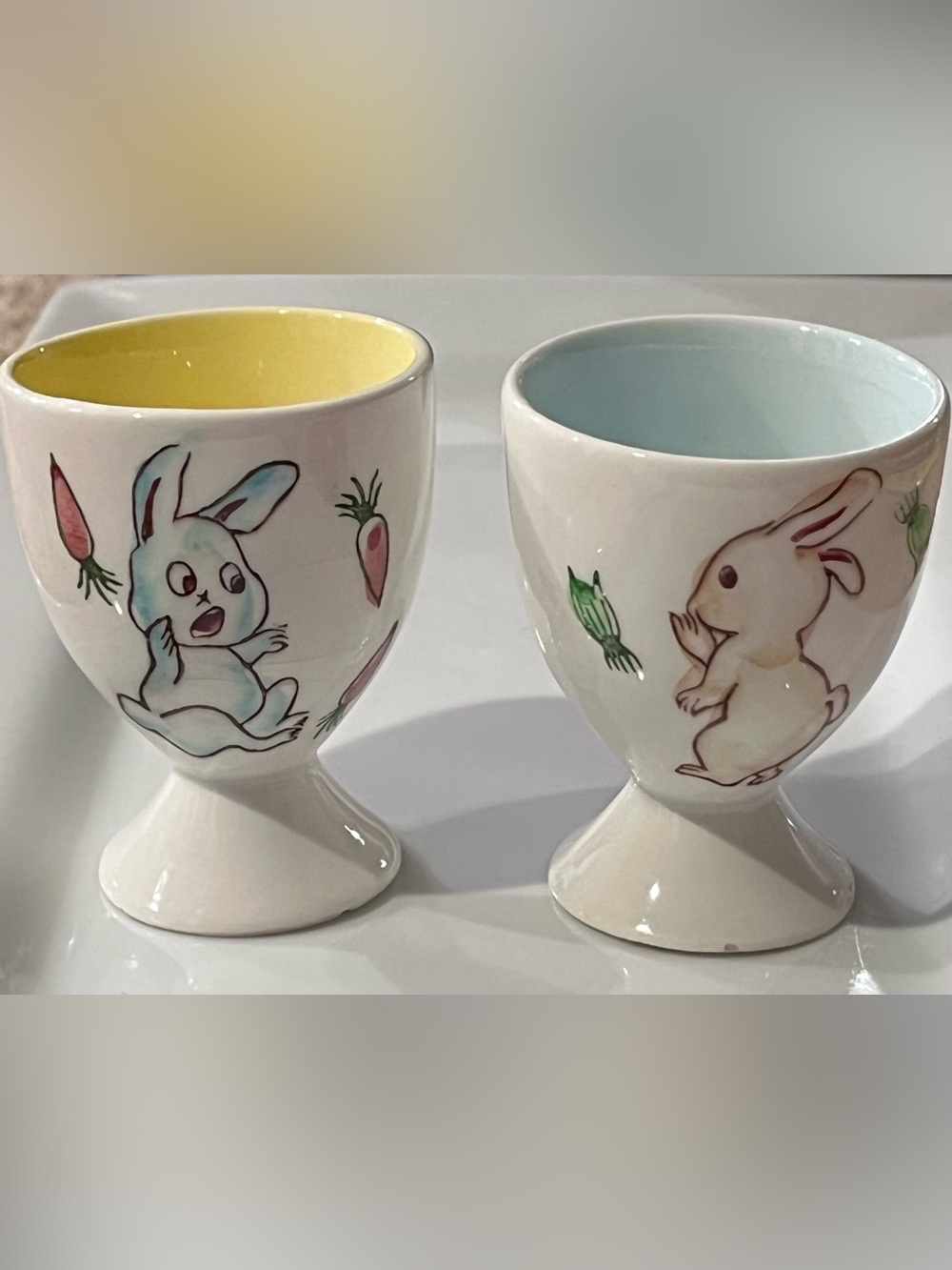 Set 2 Vintage Handpainted Porcelain Bunny Egg Cups - Japan